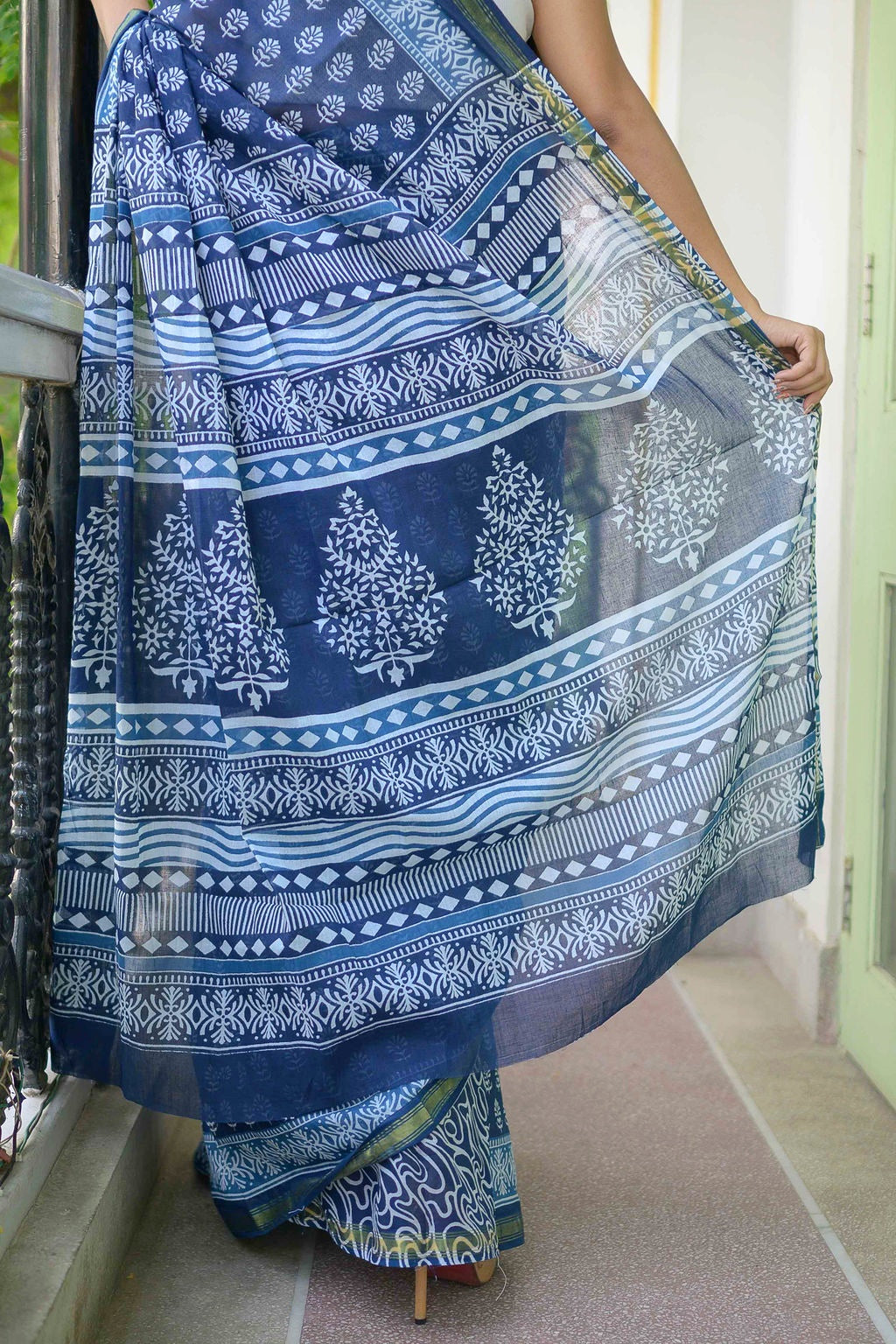 Indigo Block Print Cotton Saree