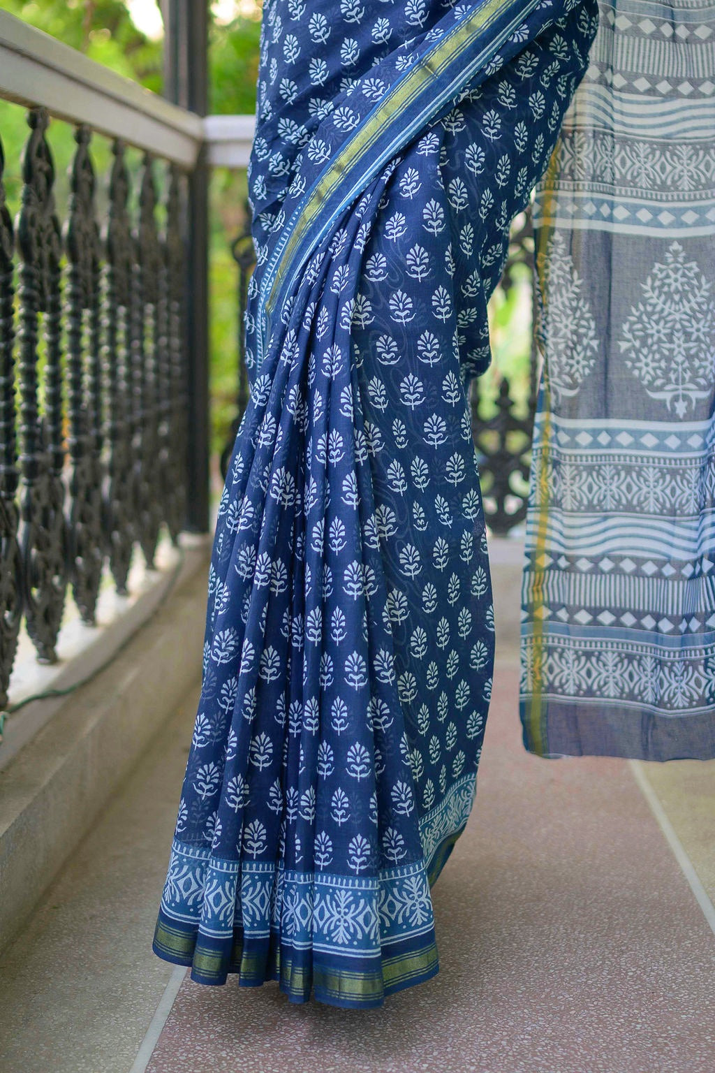 Indigo Block Print Cotton Saree