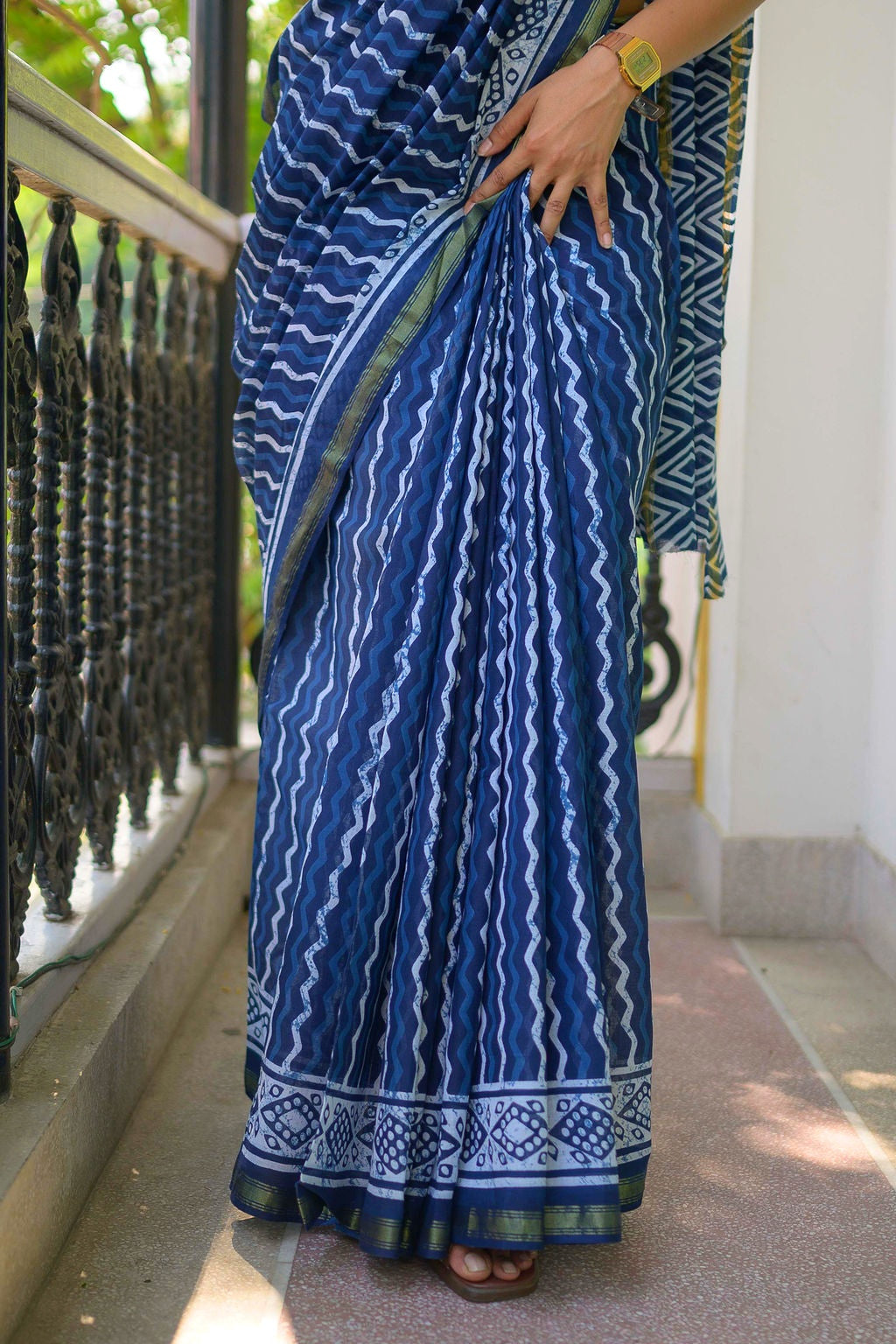 Indigo Zigzag Block Print Cotton Saree