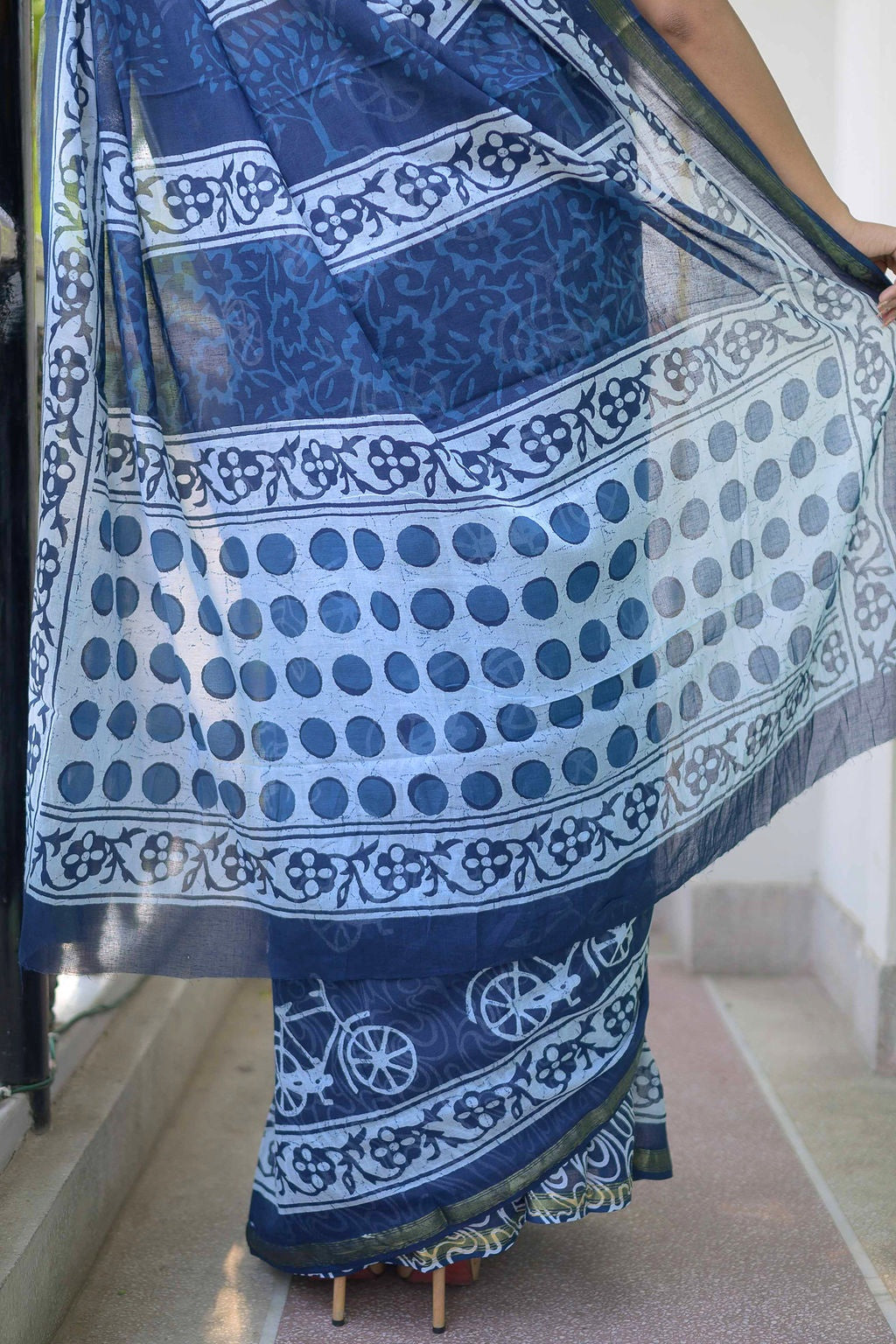 Indigo Cycle Block Print Cotton Saree