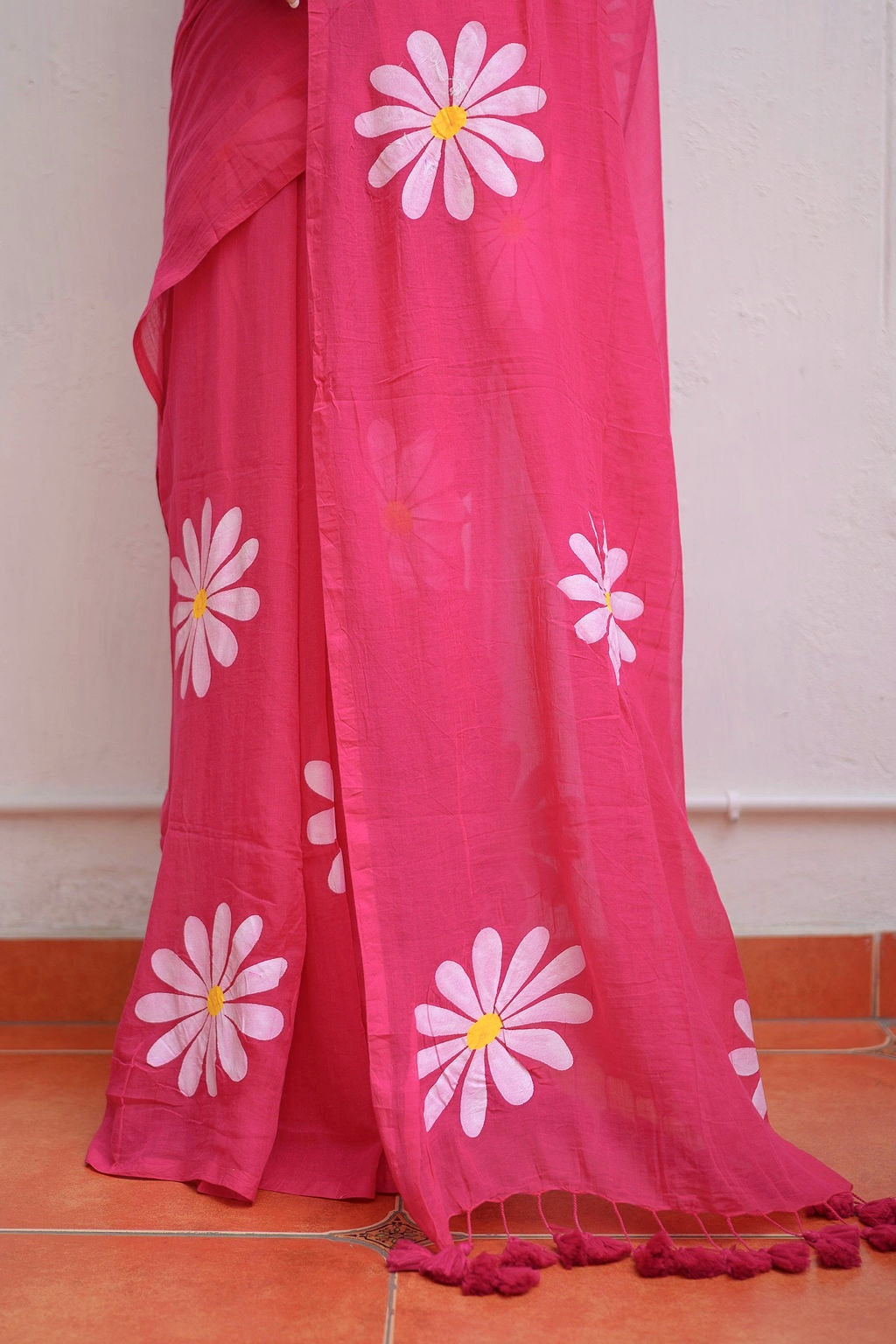 Hot Pink Handpainted Mulmul Cotton Saree