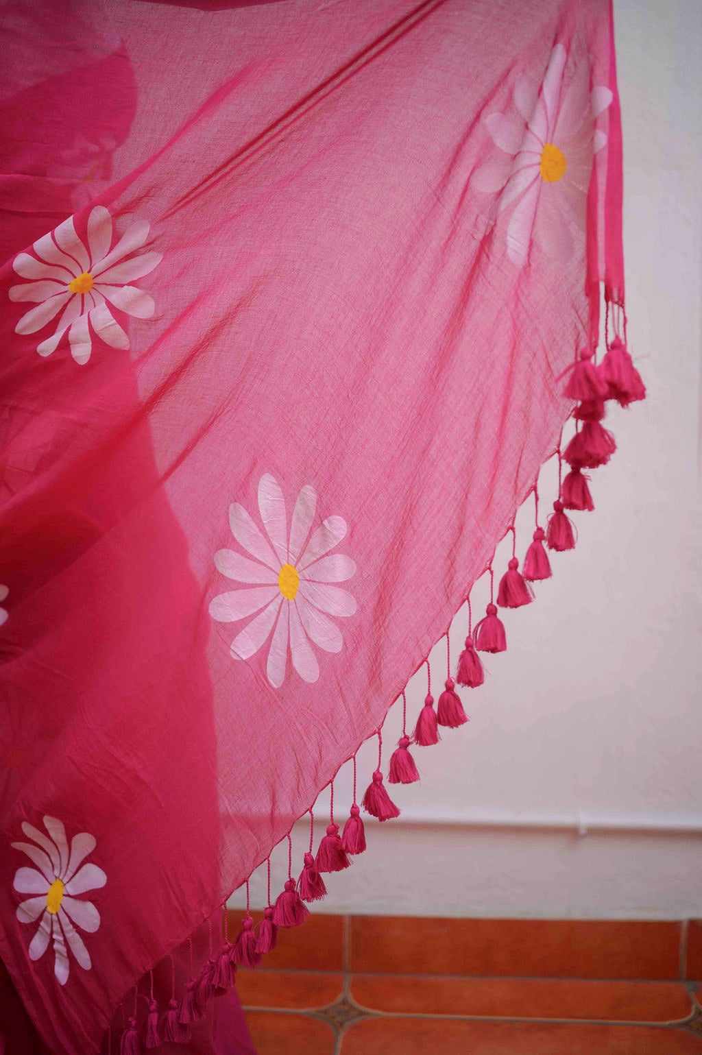 Hot Pink Handpainted Mulmul Cotton Saree
