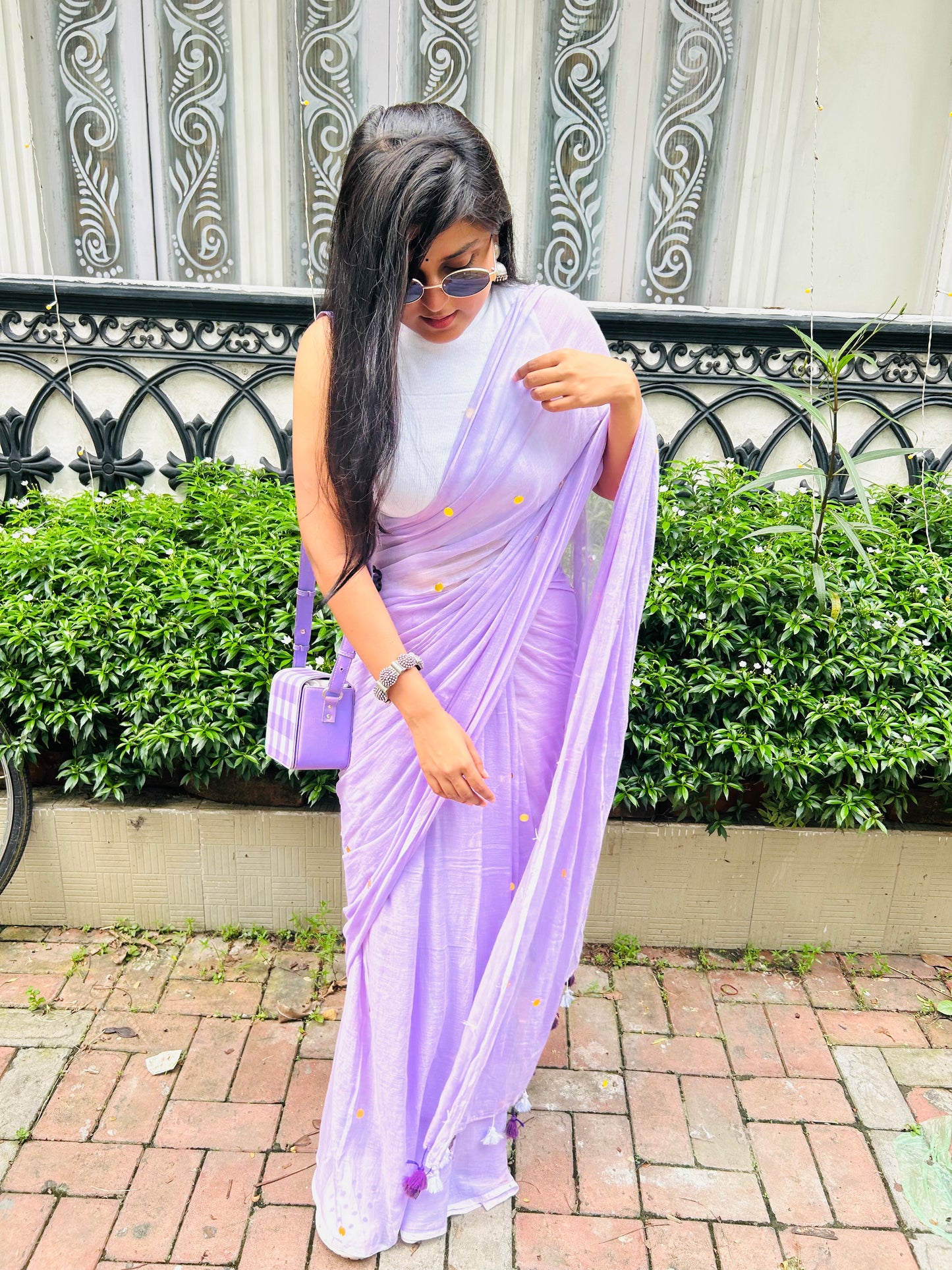 Lavender Sequined Mulmul Cotton Saree