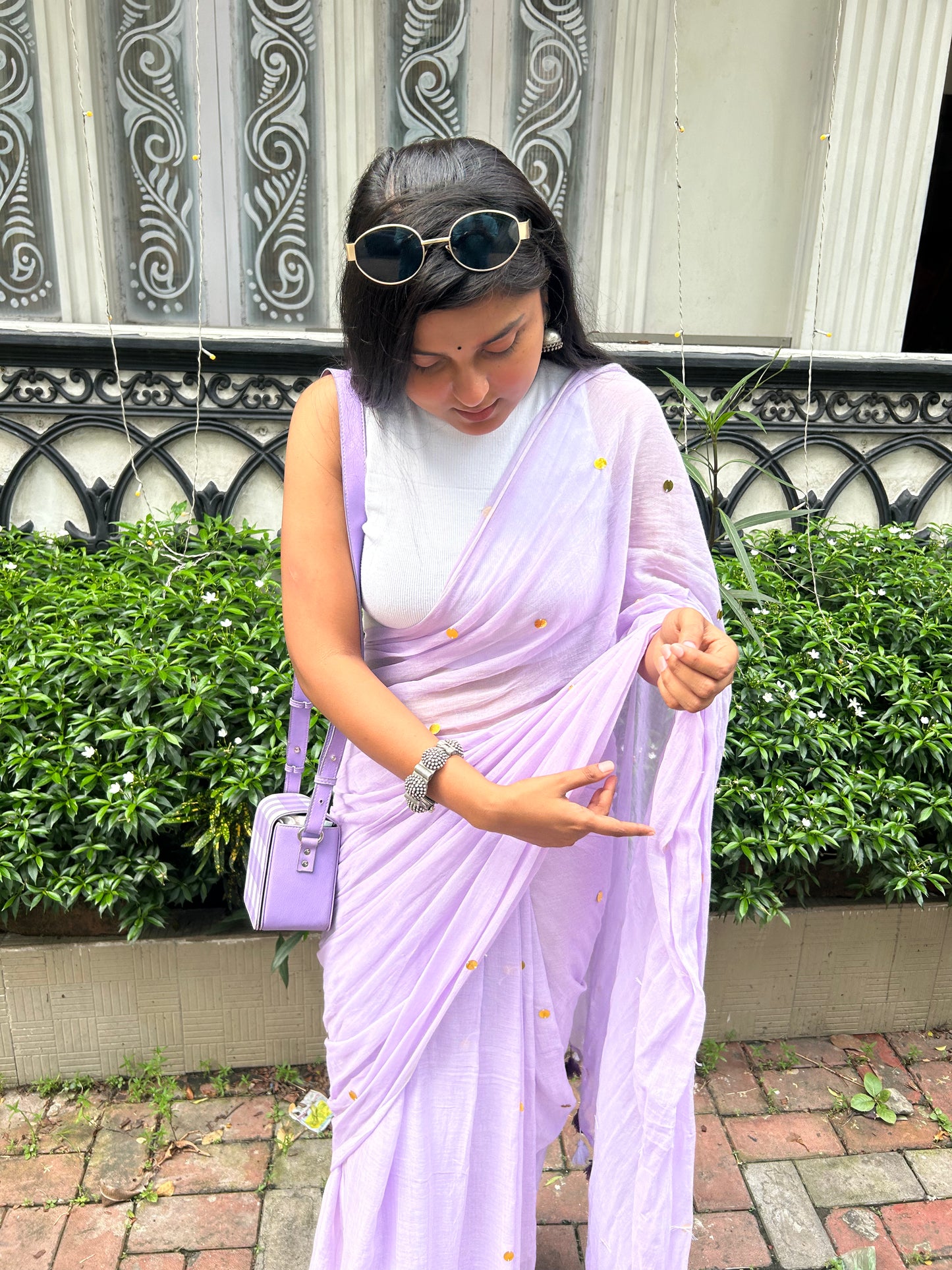 Lavender Sequined Mulmul Cotton Saree