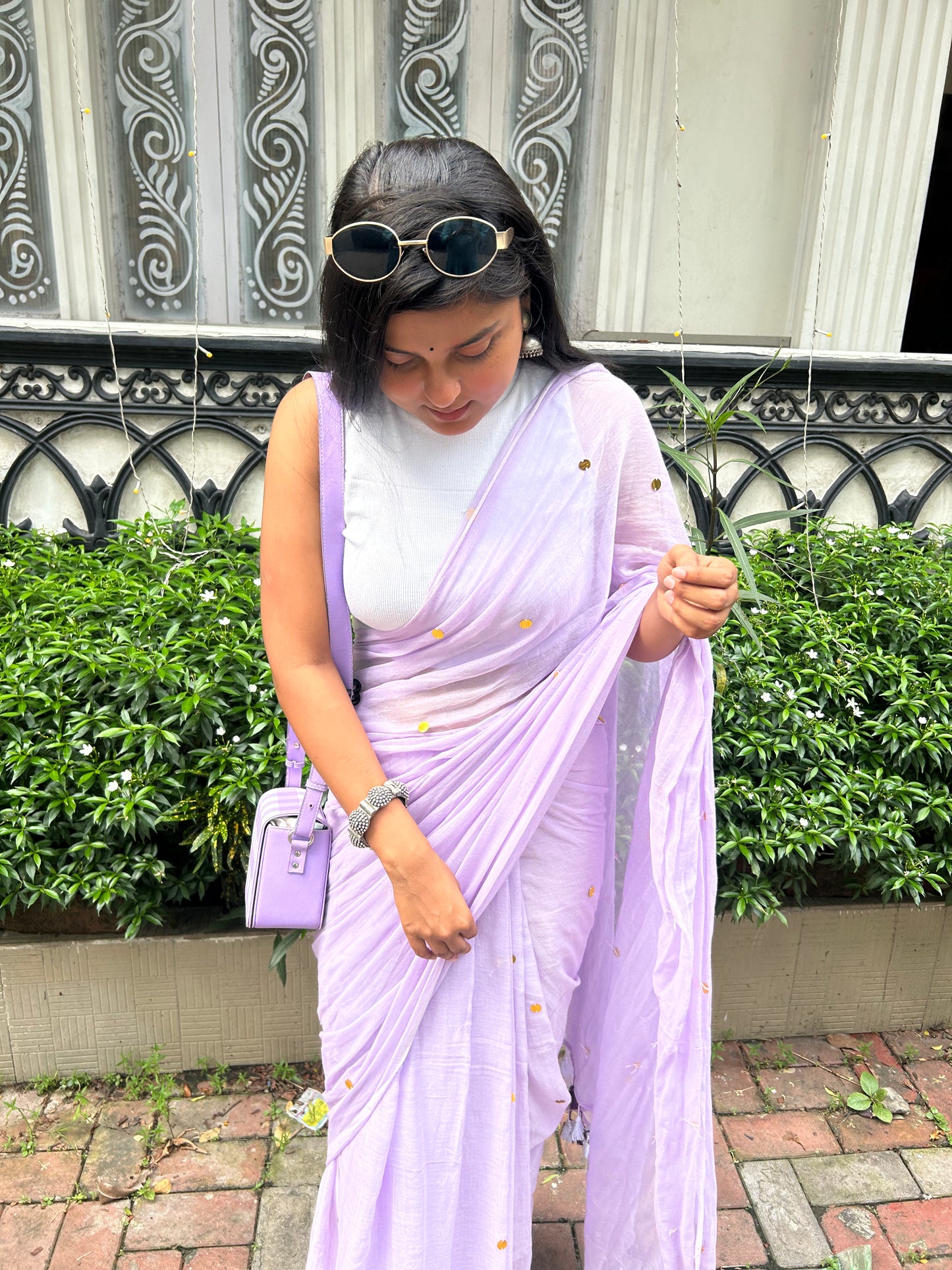 Lavender Sequined Mulmul Cotton Saree