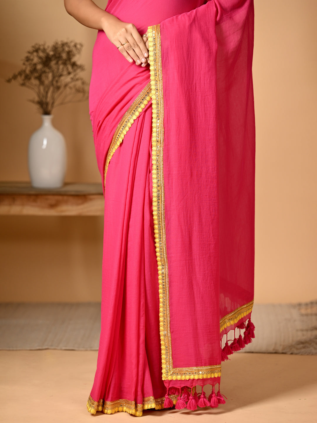 Pink Zari Mulmul Cotton Saree