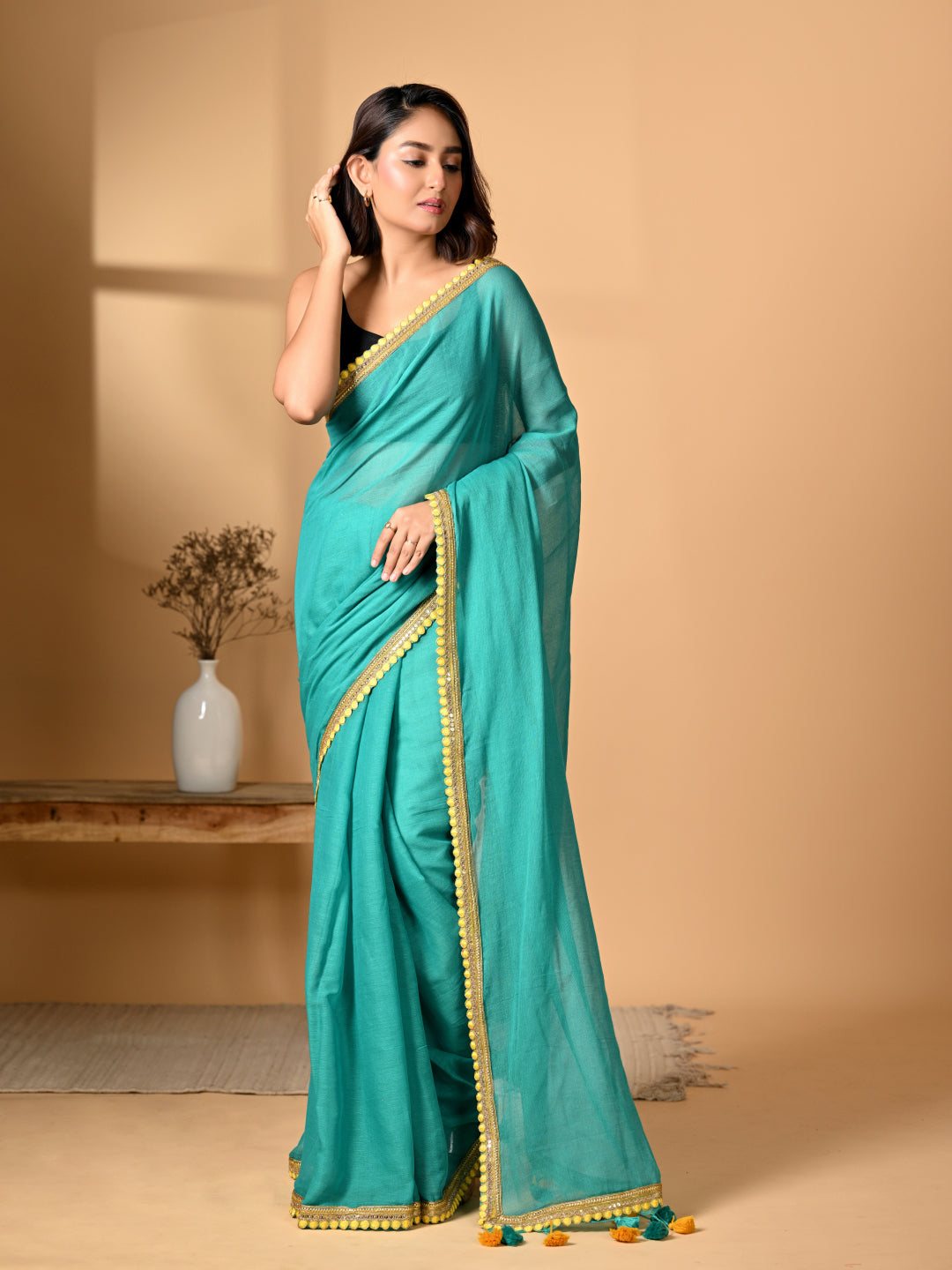 Sea Green Mulmul Cotton Saree