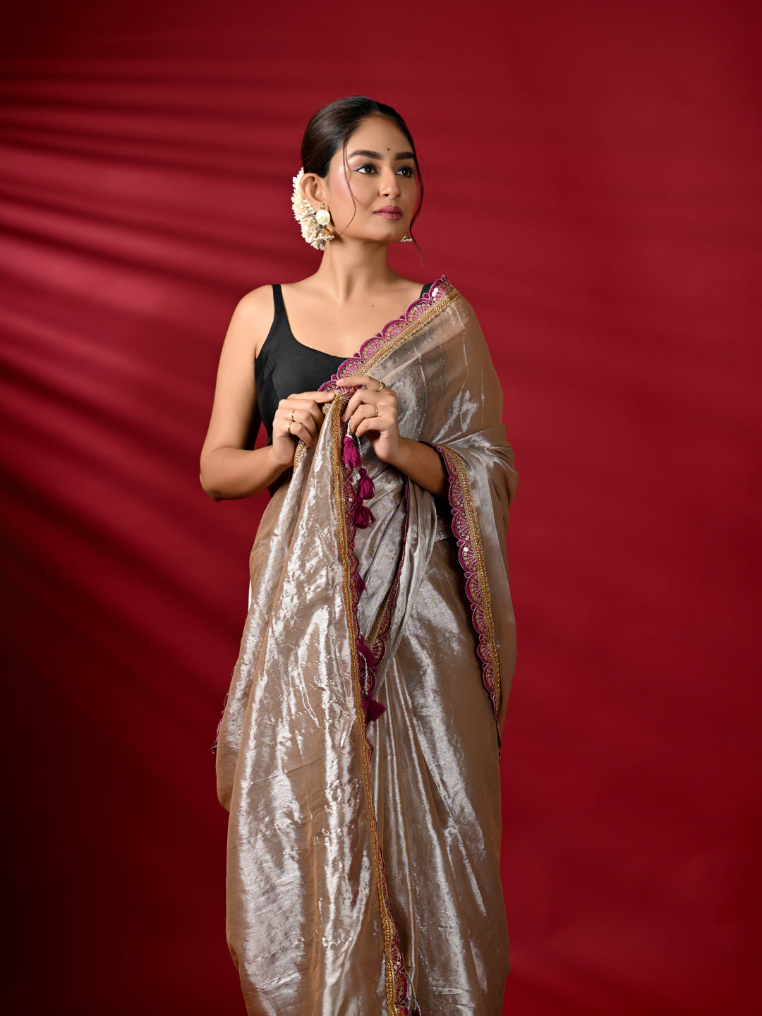 Grey Zari Tissue Saree