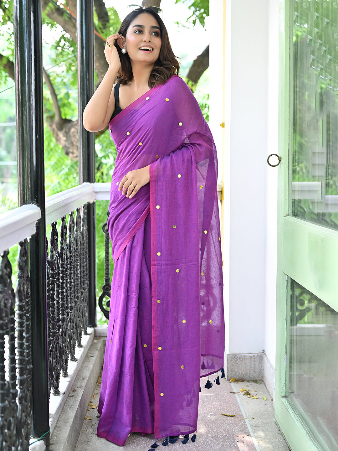 Purple Sequined Mulmul Cotton Saree
