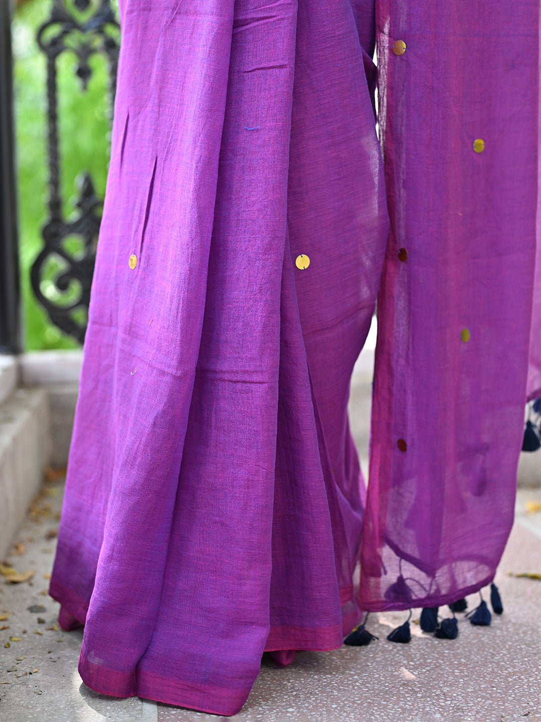 Purple Sequined Mulmul Cotton Saree