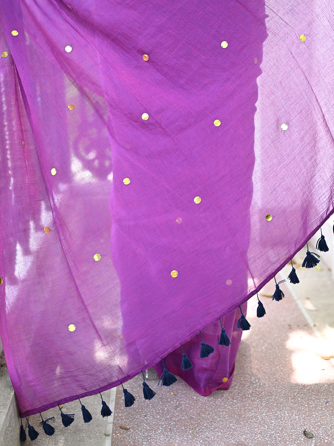 Purple Sequined Mulmul Cotton Saree