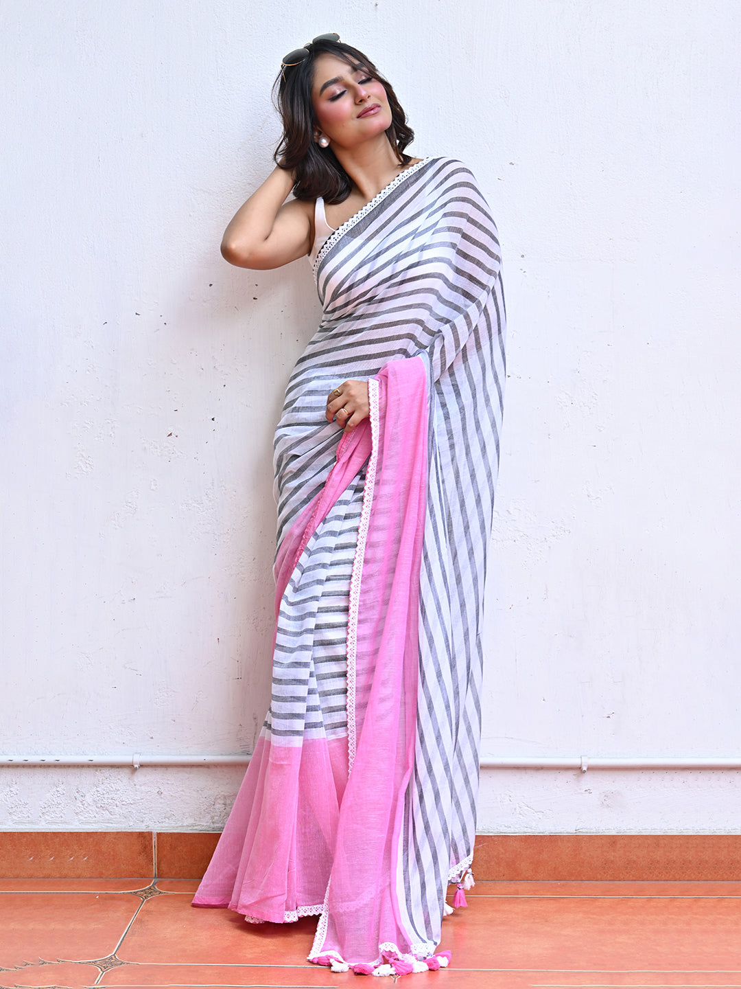Pink Striped Mulmul Cotton Saree