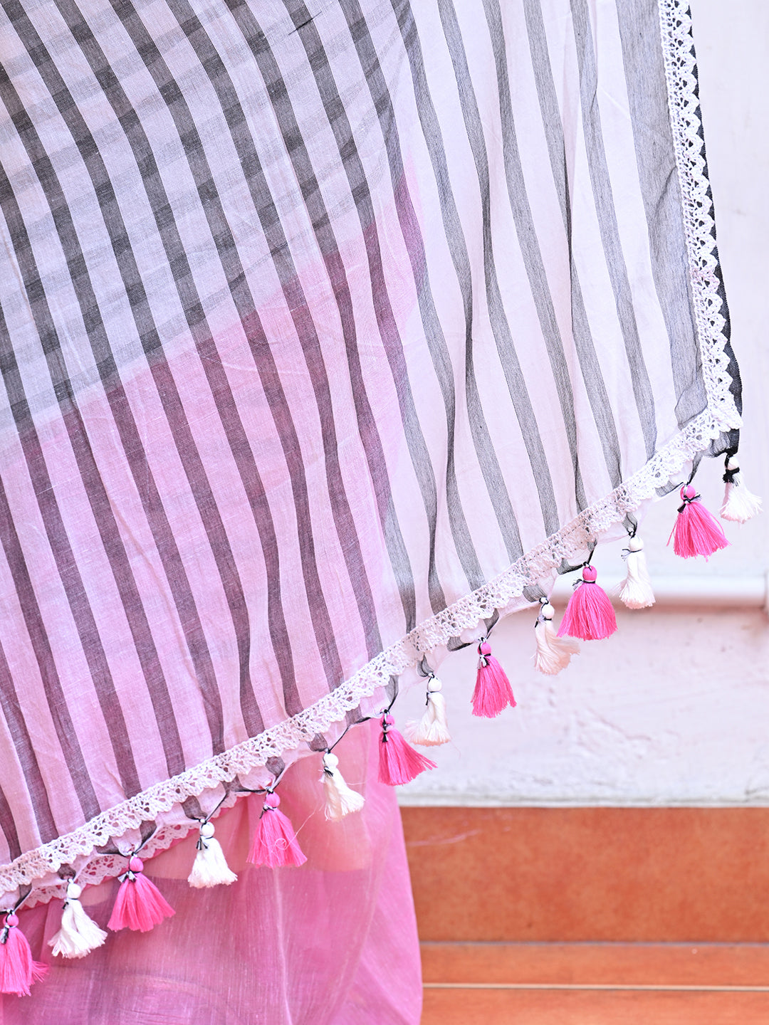 Pink Striped Mulmul Cotton Saree