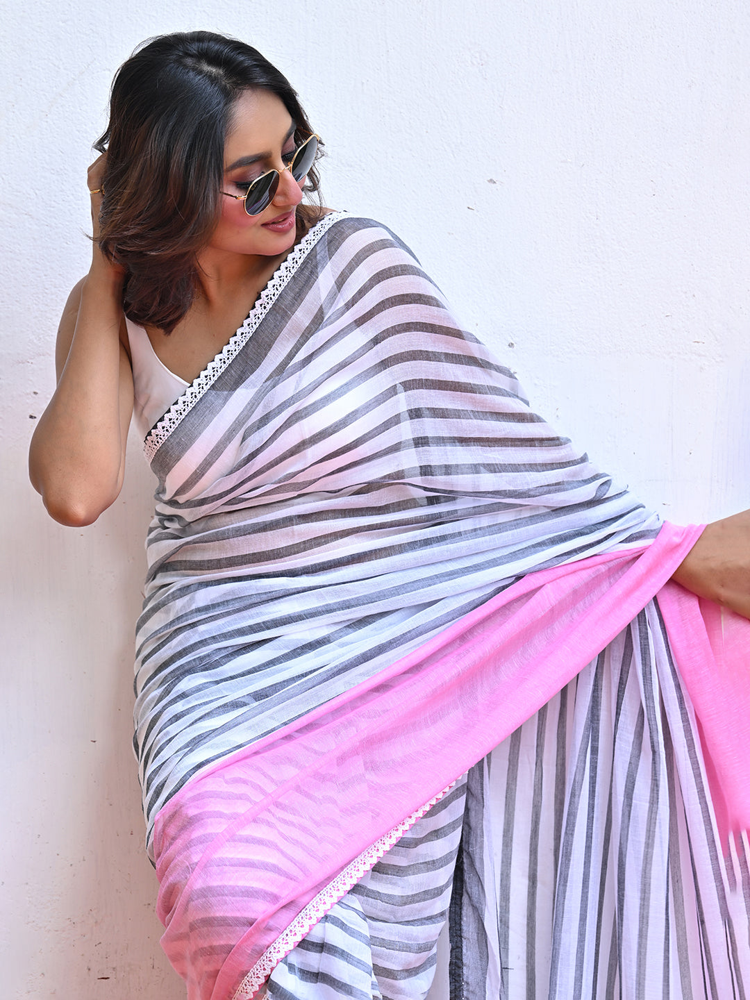 Pink Striped Mulmul Cotton Saree