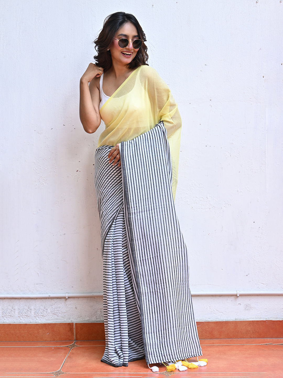 Yellow Striped Mulmul Cotton Saree
