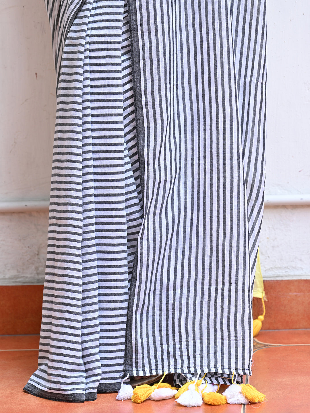 Yellow Striped Mulmul Cotton Saree