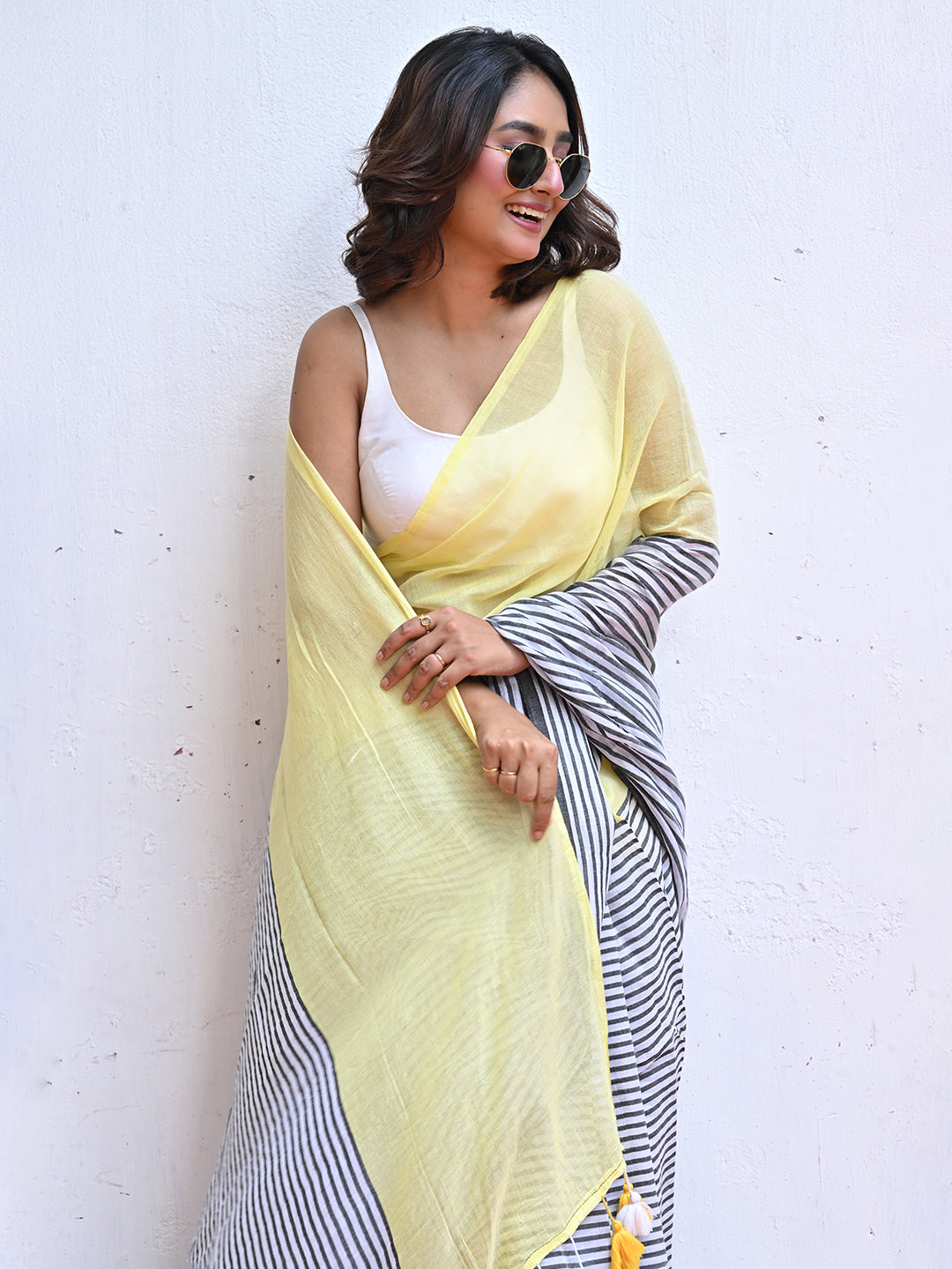 Yellow Striped Mulmul Cotton Saree