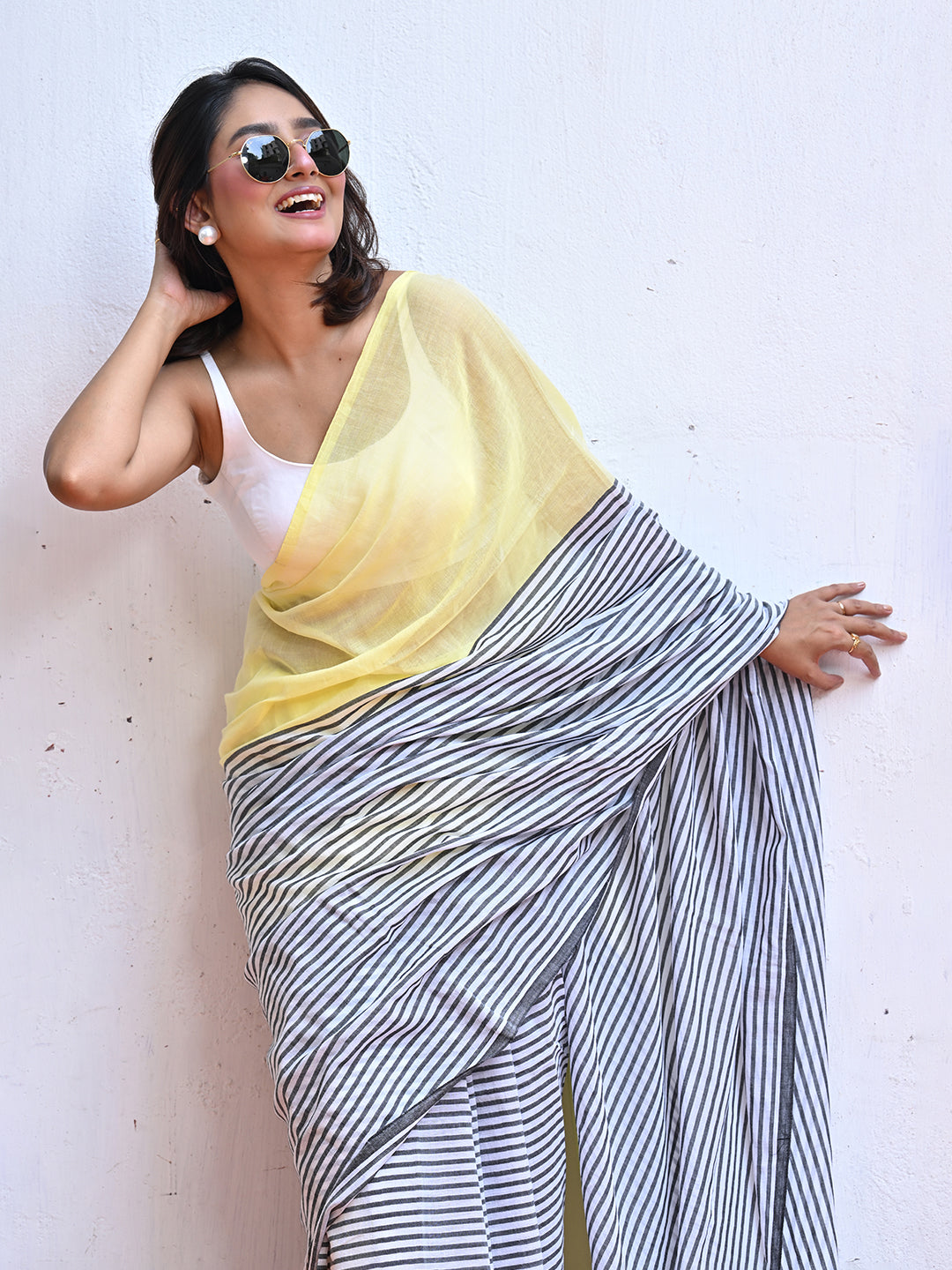 Yellow Striped Mulmul Cotton Saree