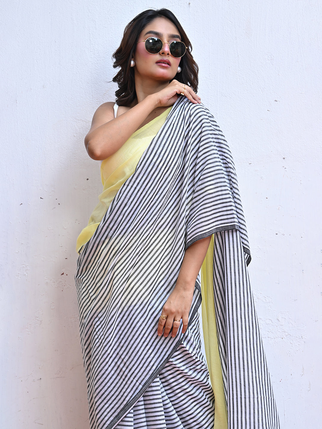 Yellow Striped Mulmul Cotton Saree