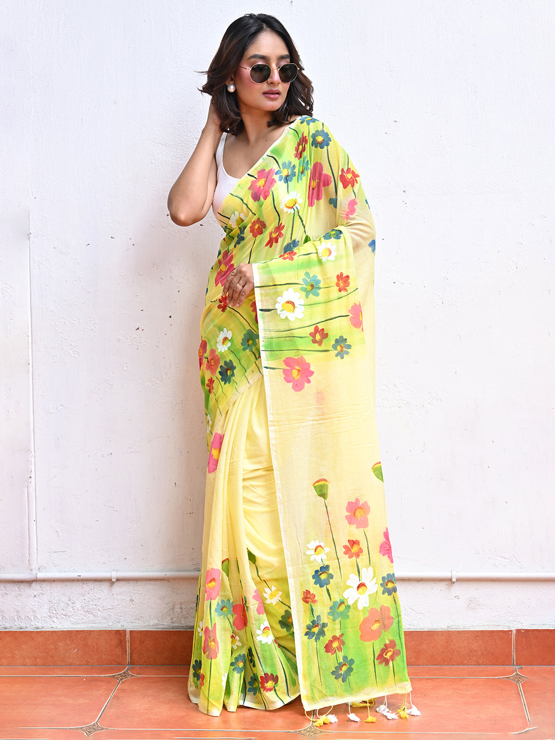 Yellow Hand Painted Mulmul Cotton Saree