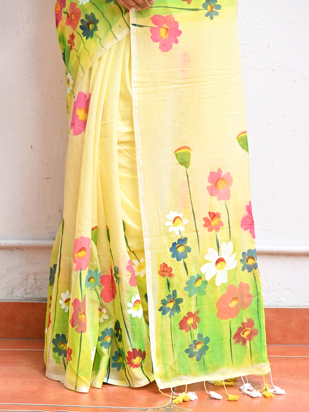 Yellow Hand Painted Mulmul Cotton Saree