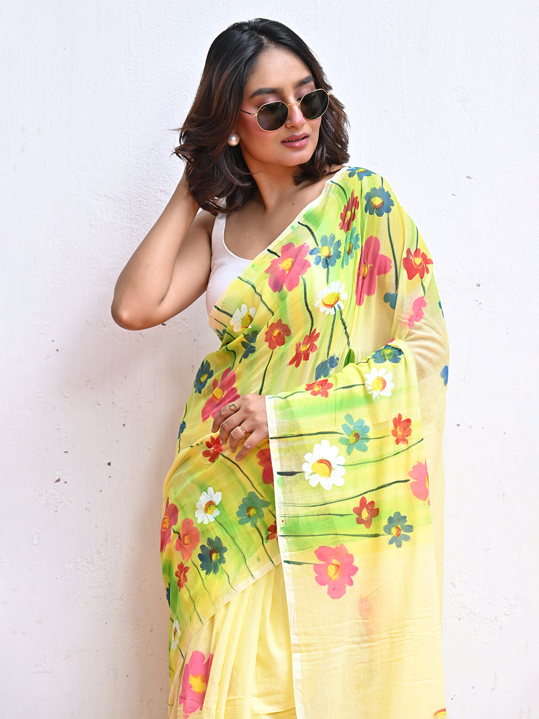 Yellow Hand Painted Mulmul Cotton Saree