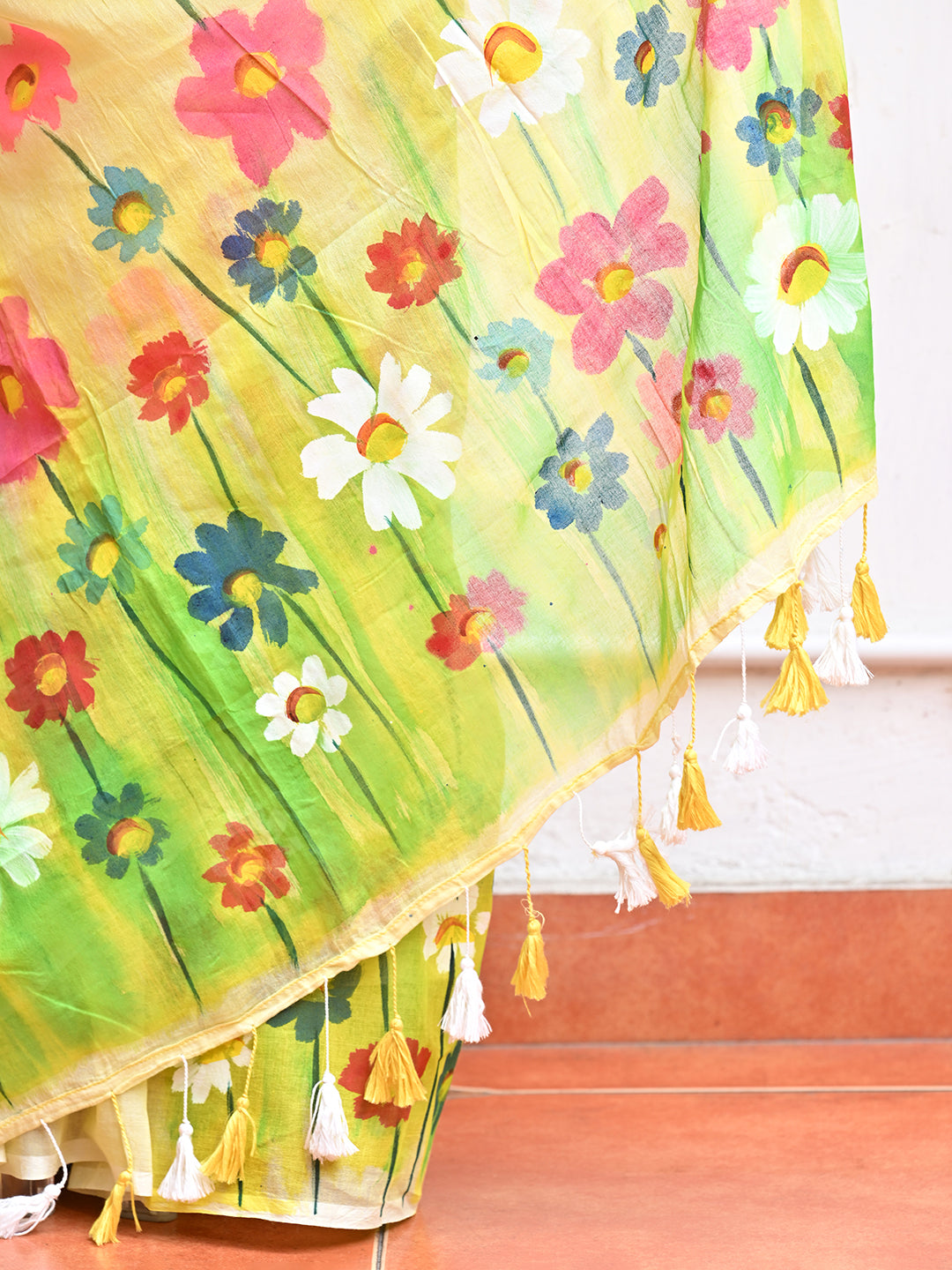 Yellow Hand Painted Mulmul Cotton Saree