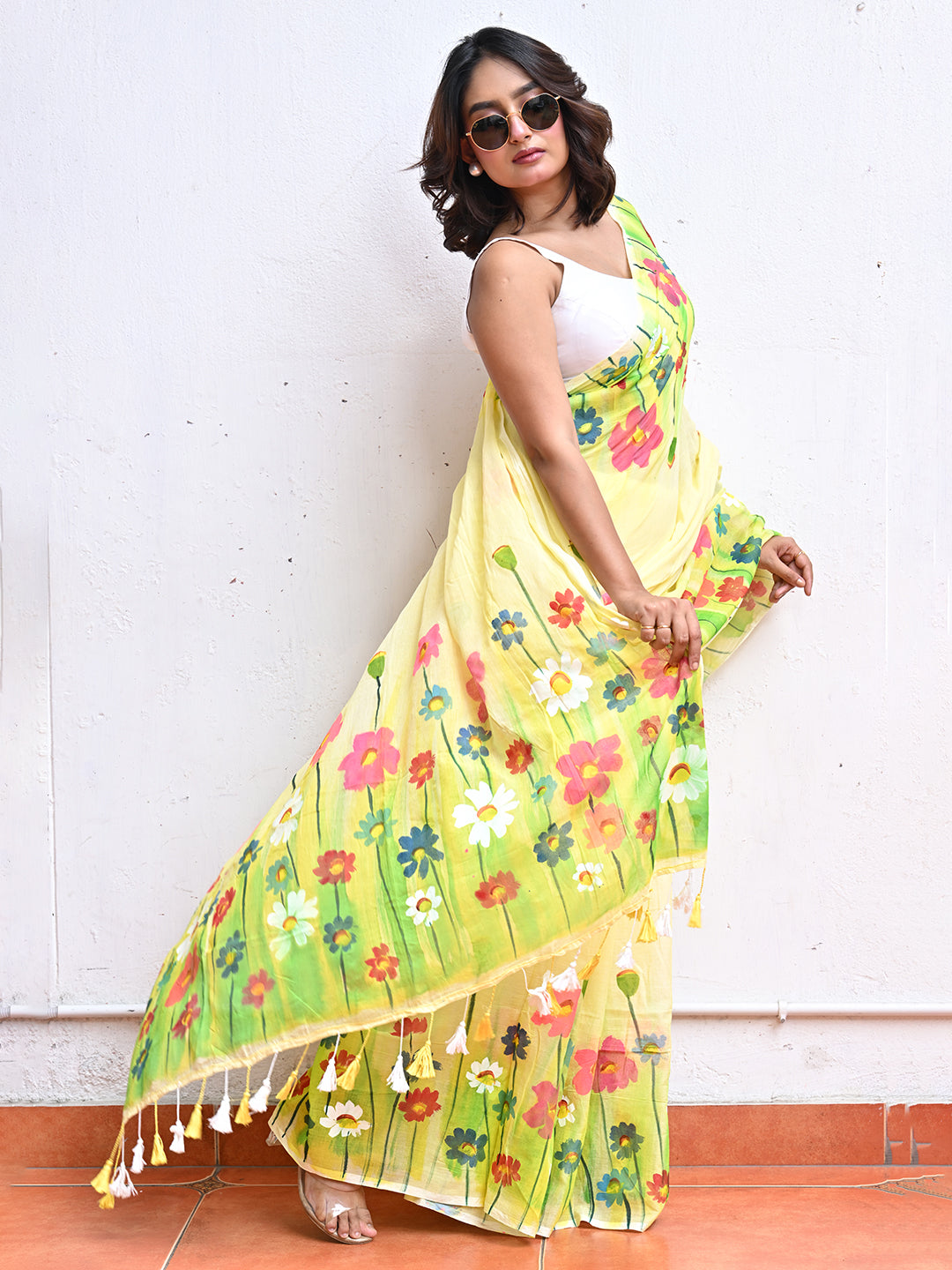 Yellow Hand Painted Mulmul Cotton Saree