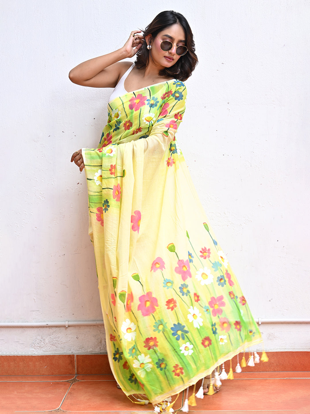 Yellow Hand Painted Mulmul Cotton Saree