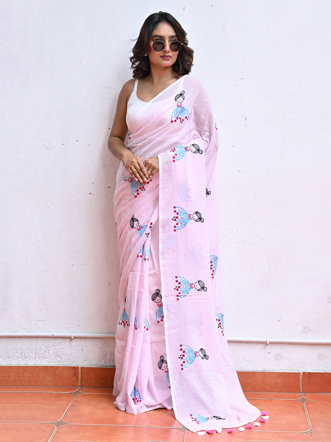 Pink Embroidery Mulmul Cotton Saree