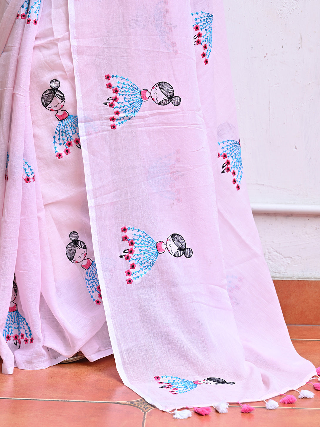 Pink Embroidery Mulmul Cotton Saree