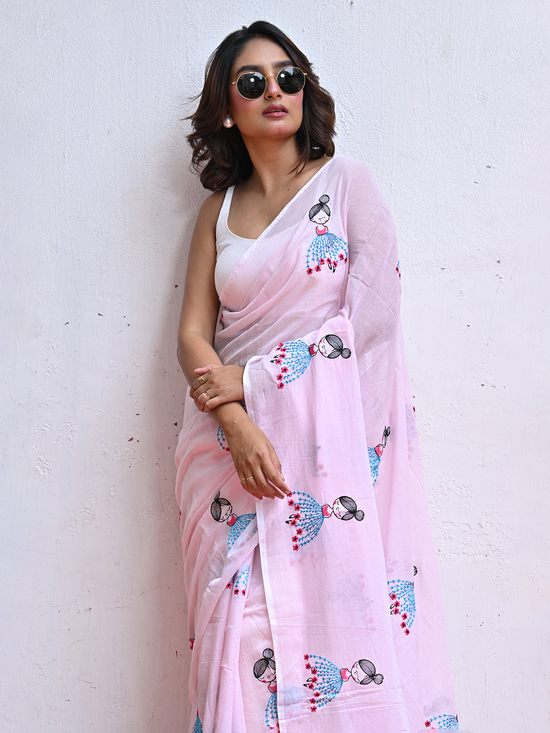 Pink Embroidery Mulmul Cotton Saree