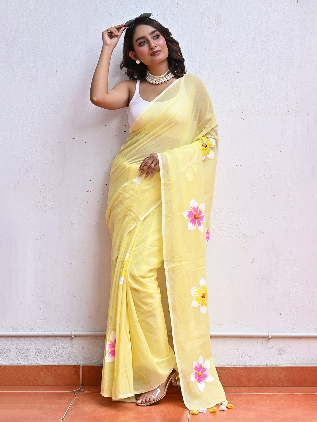 Yellow Hand Painted Mulmul Cotton Saree