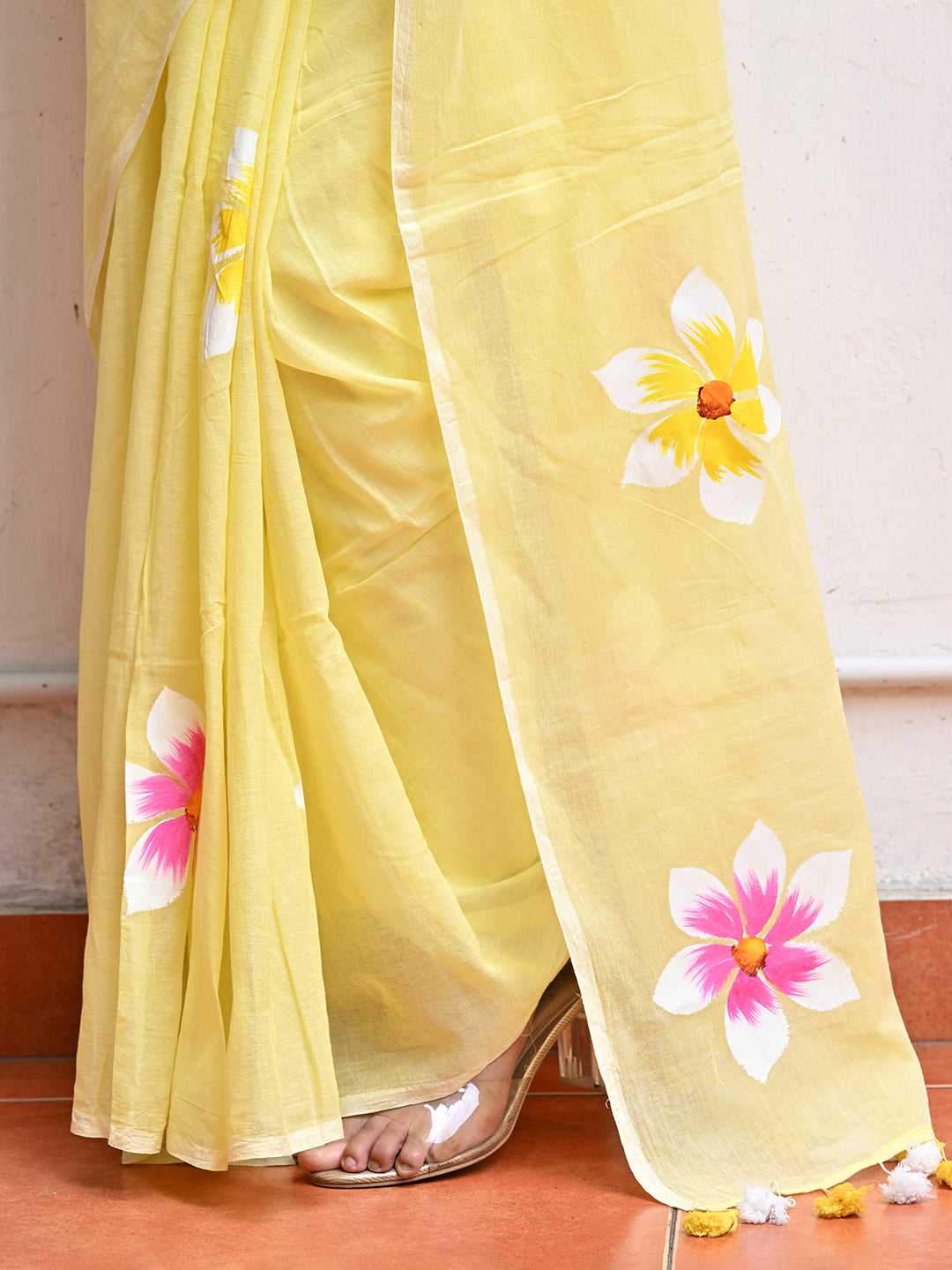 Yellow Hand Painted Mulmul Cotton Saree