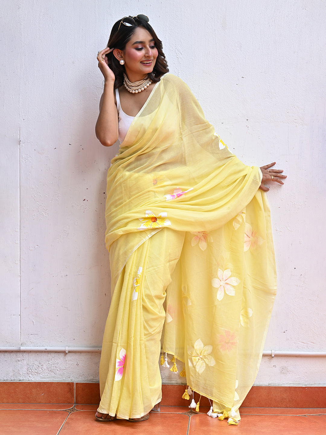 Yellow Hand Painted Mulmul Cotton Saree