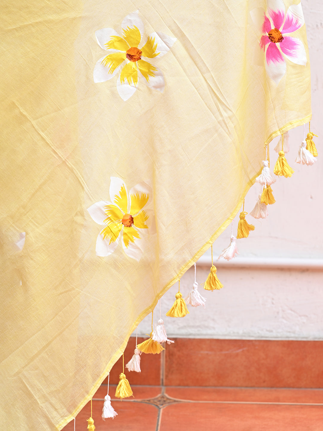 Yellow Hand Painted Mulmul Cotton Saree