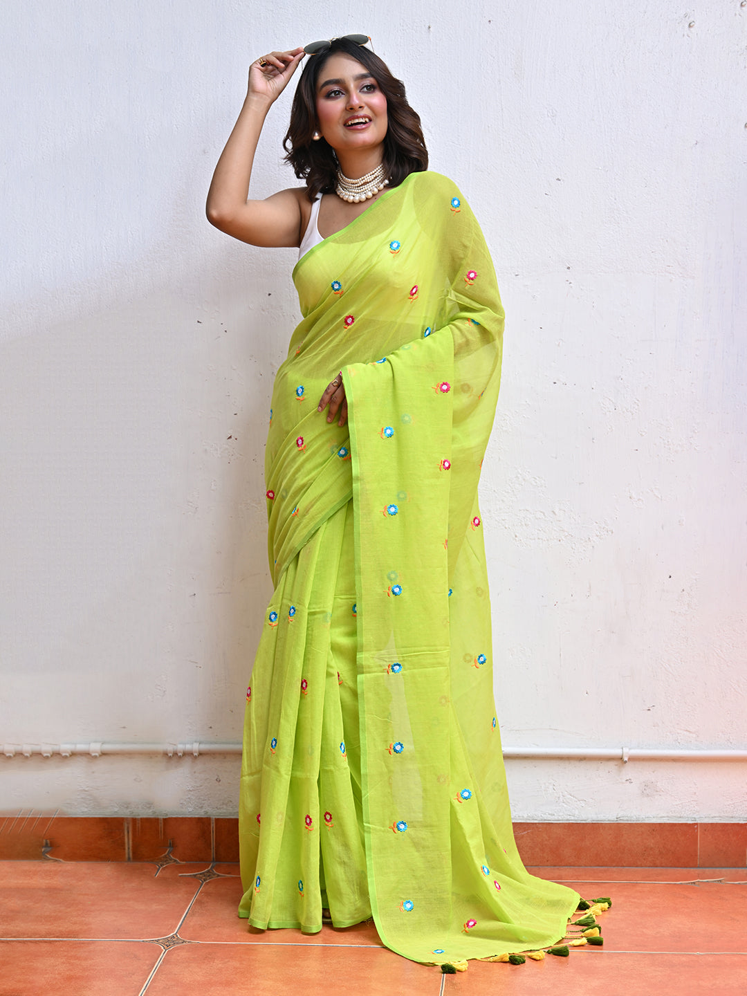 Green Mulmul Cotton Saree