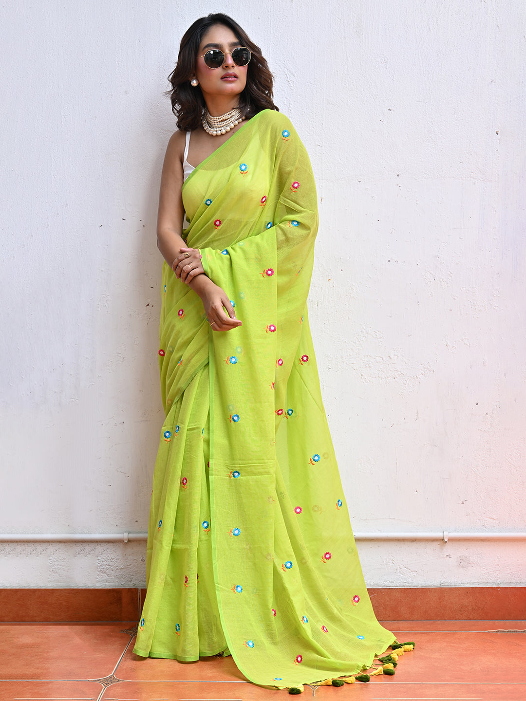 Green Mulmul Cotton Saree
