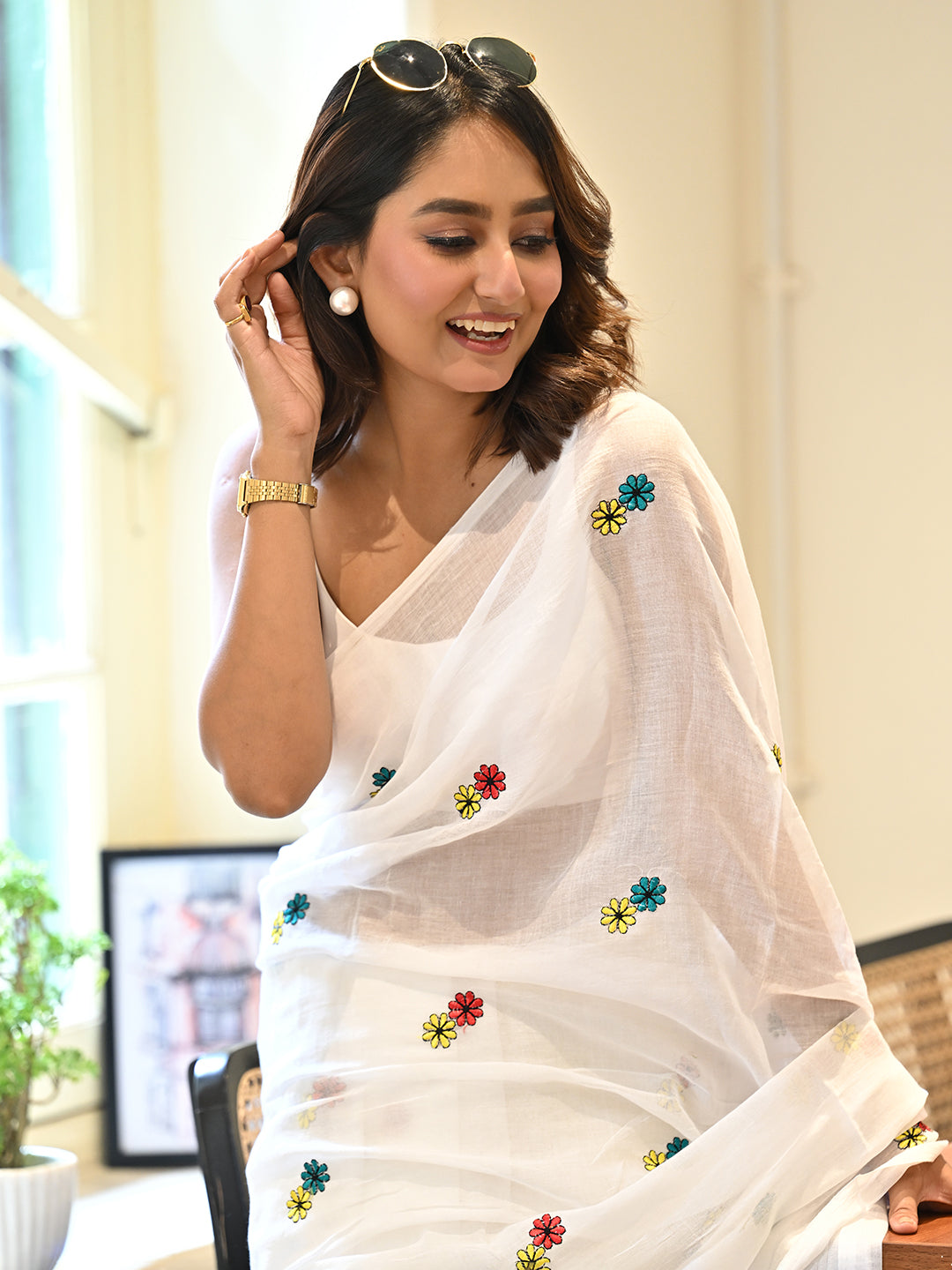 White Mulmul Cotton Saree