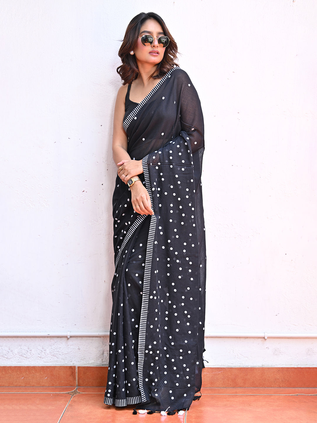 Black Polka Dots Mulmul Cotton Saree