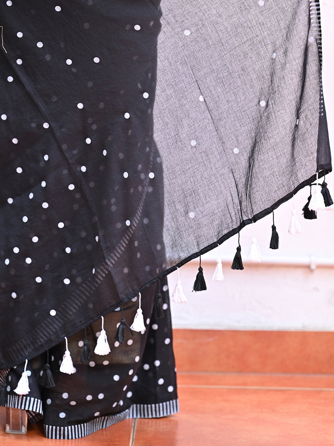 Black Polka Dots Mulmul Cotton Saree