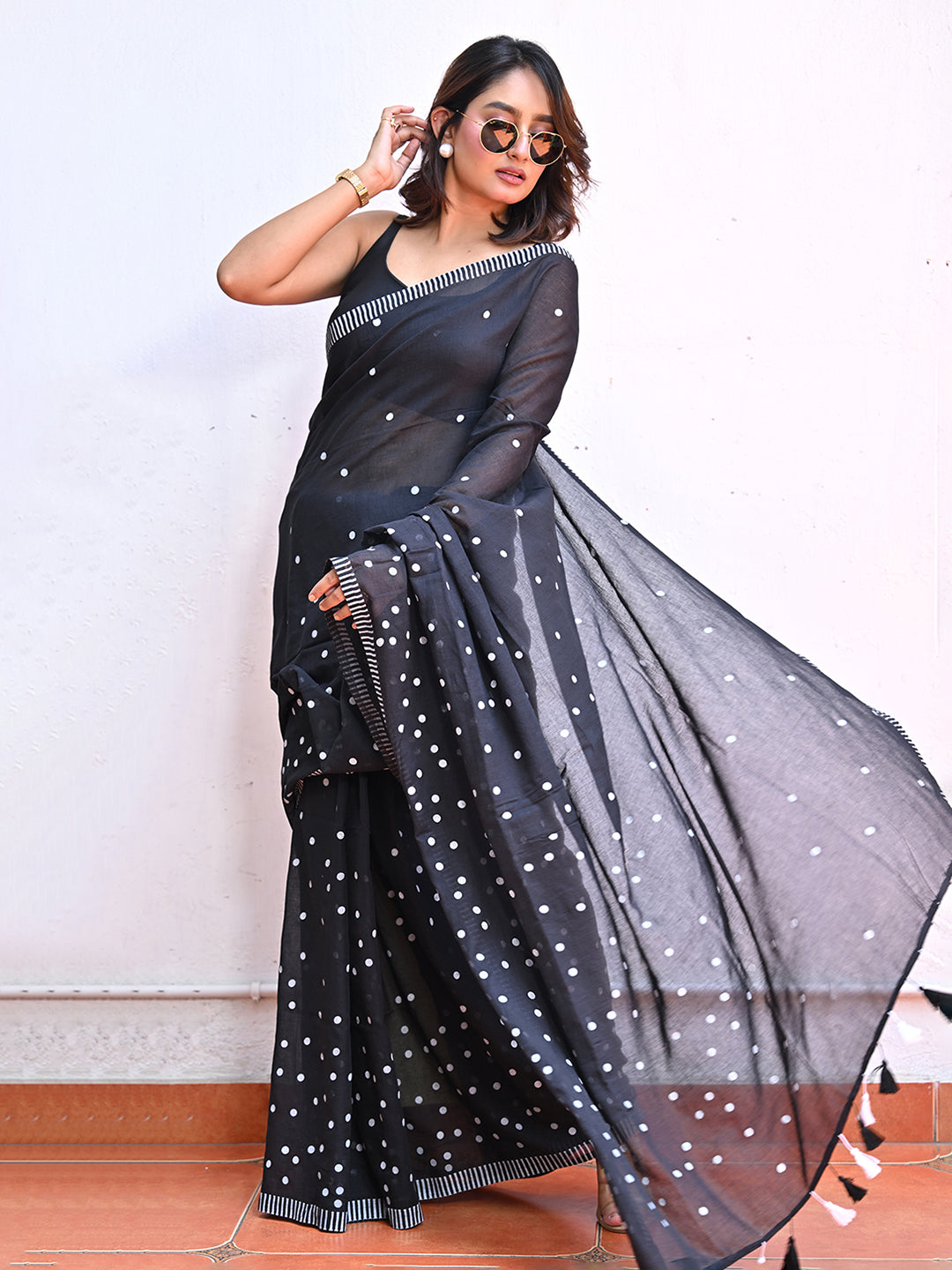 Black Polka Dots Mulmul Cotton Saree