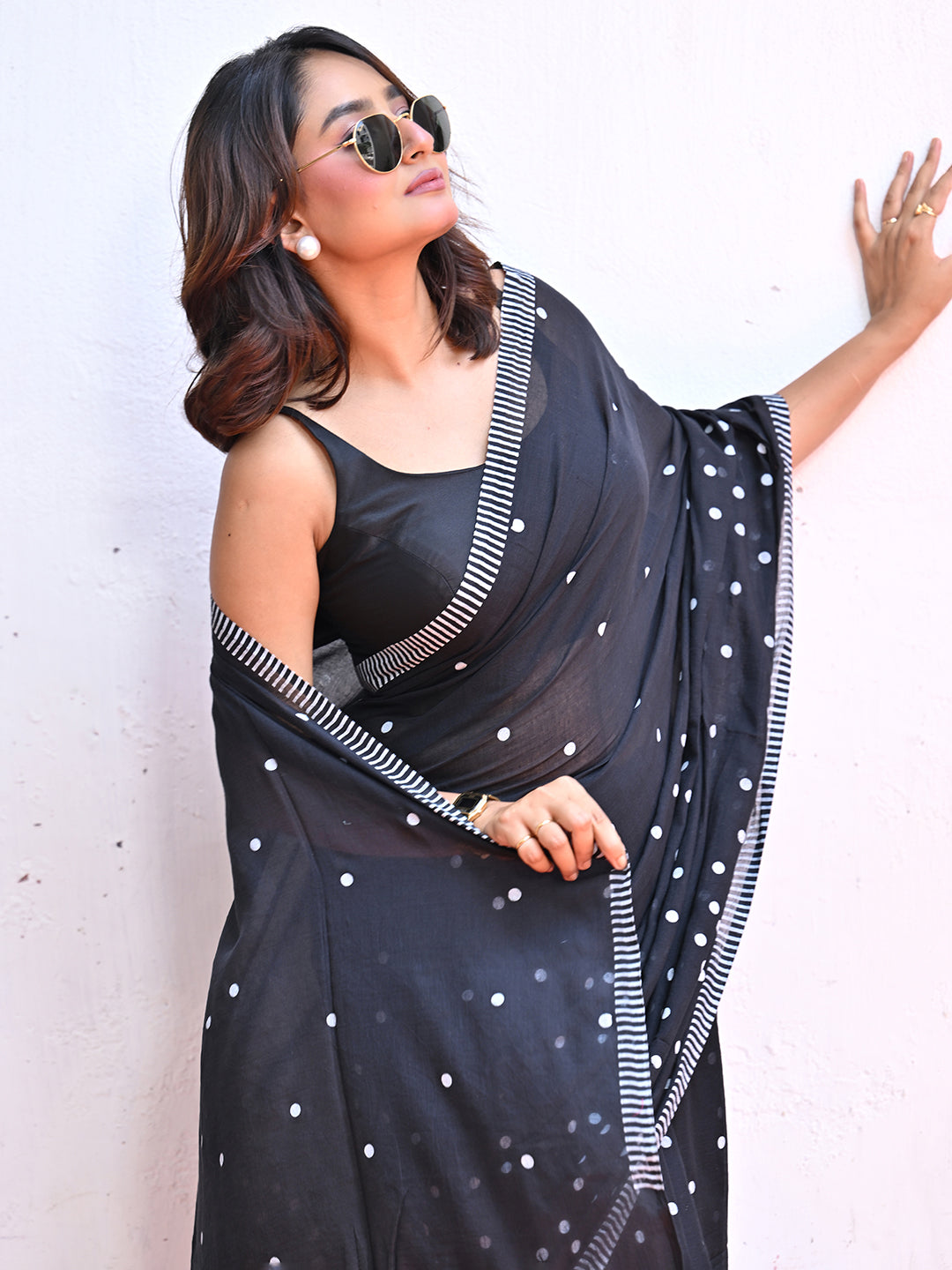 Black Polka Dots Mulmul Cotton Saree