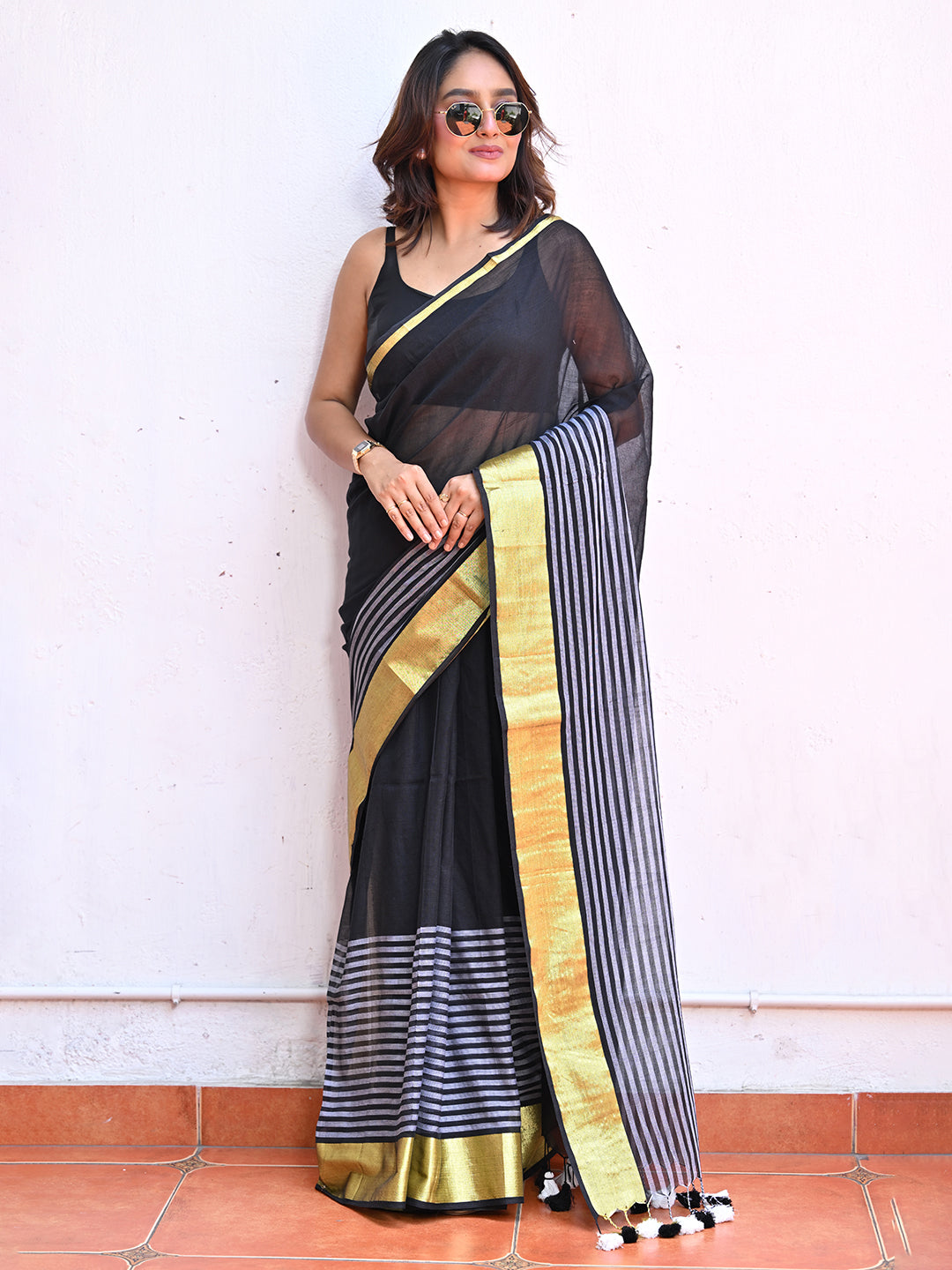 Yellow Striped Mulmul Cotton Saree