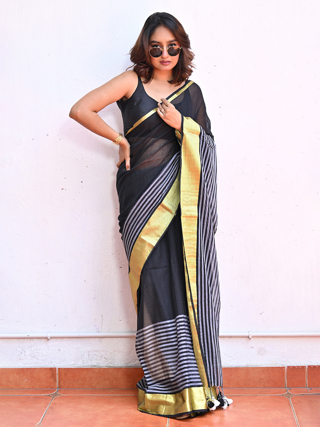 Yellow Striped Mulmul Cotton Saree