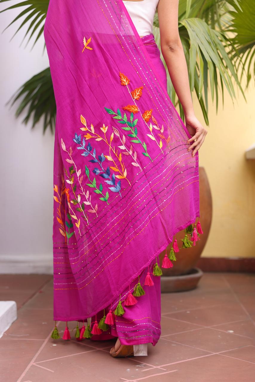 Magenta Embroidered Mulmul Cotton Saree