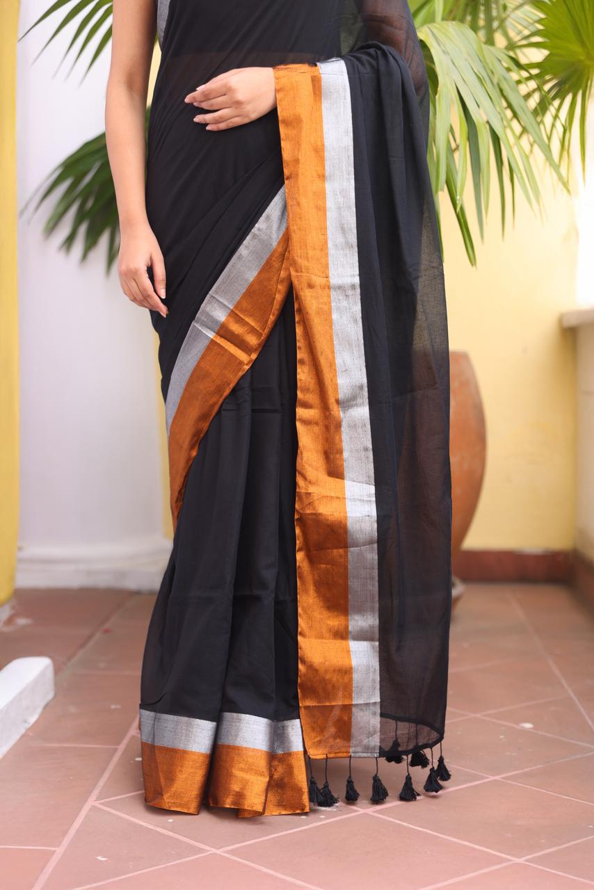 Classic Black Zari Mulmul Cotton Saree