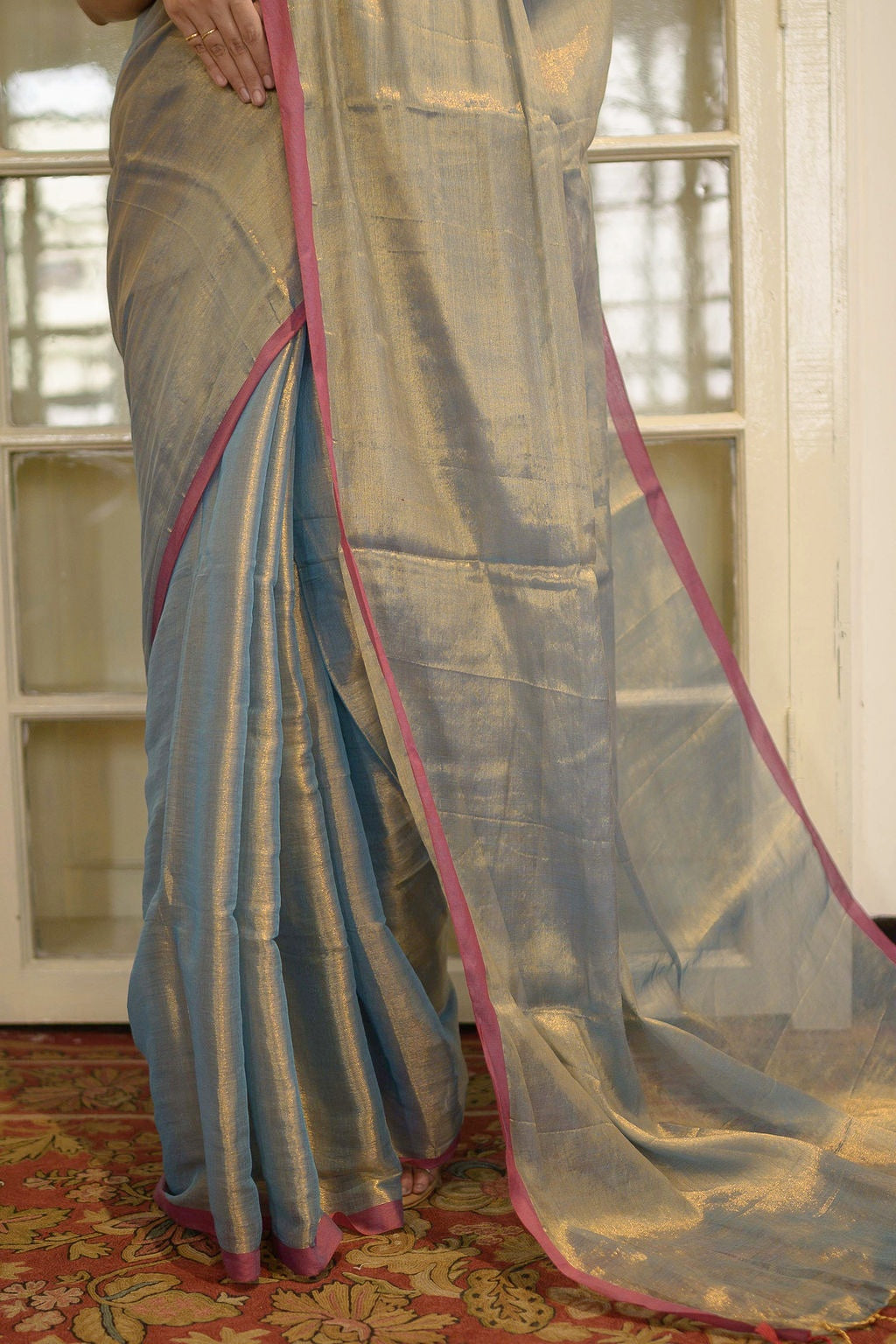 Blue And Golden Tissue Saree