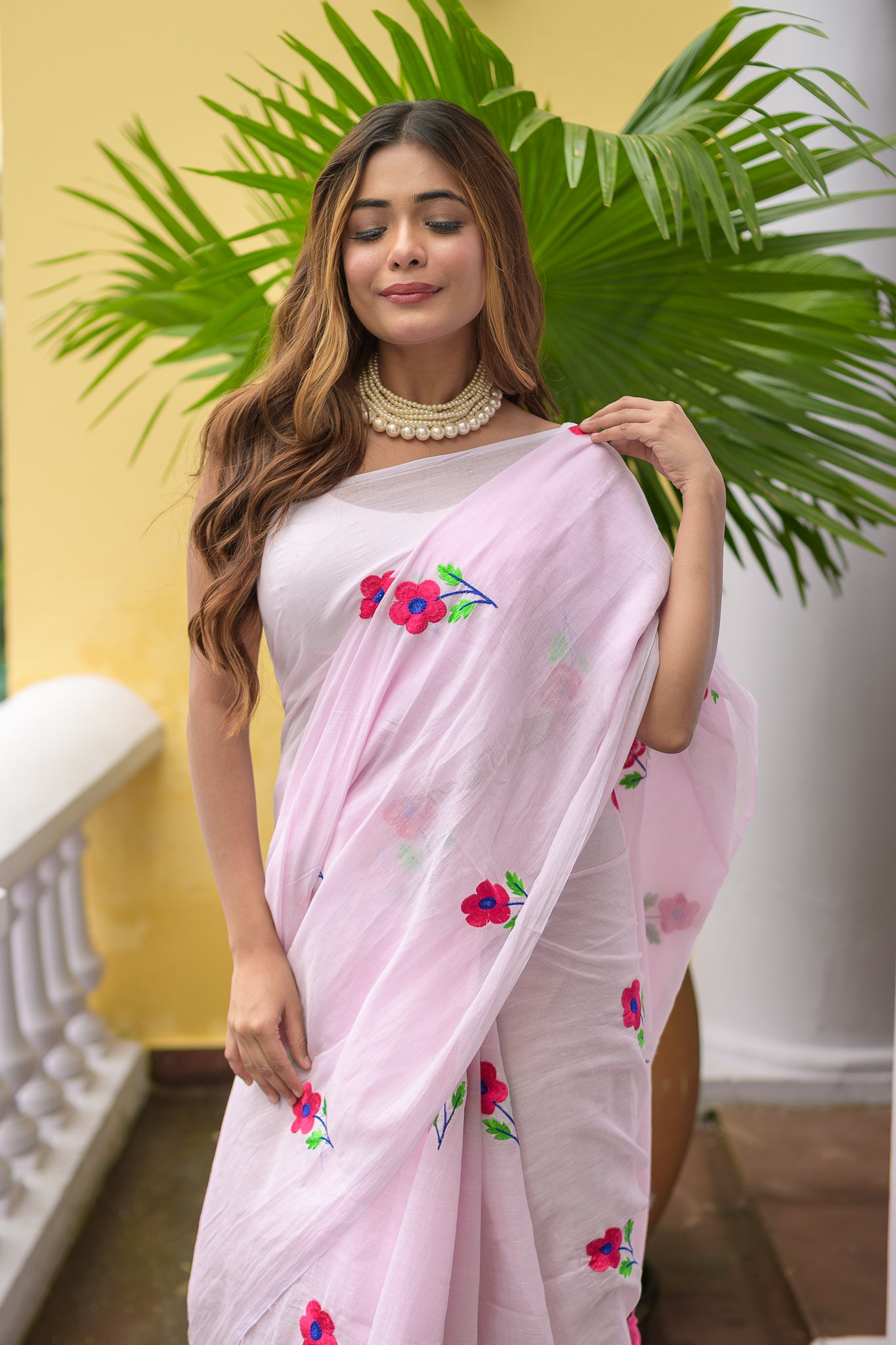 Baby Pink Rose Embroidery Mulmul Cotton Saree