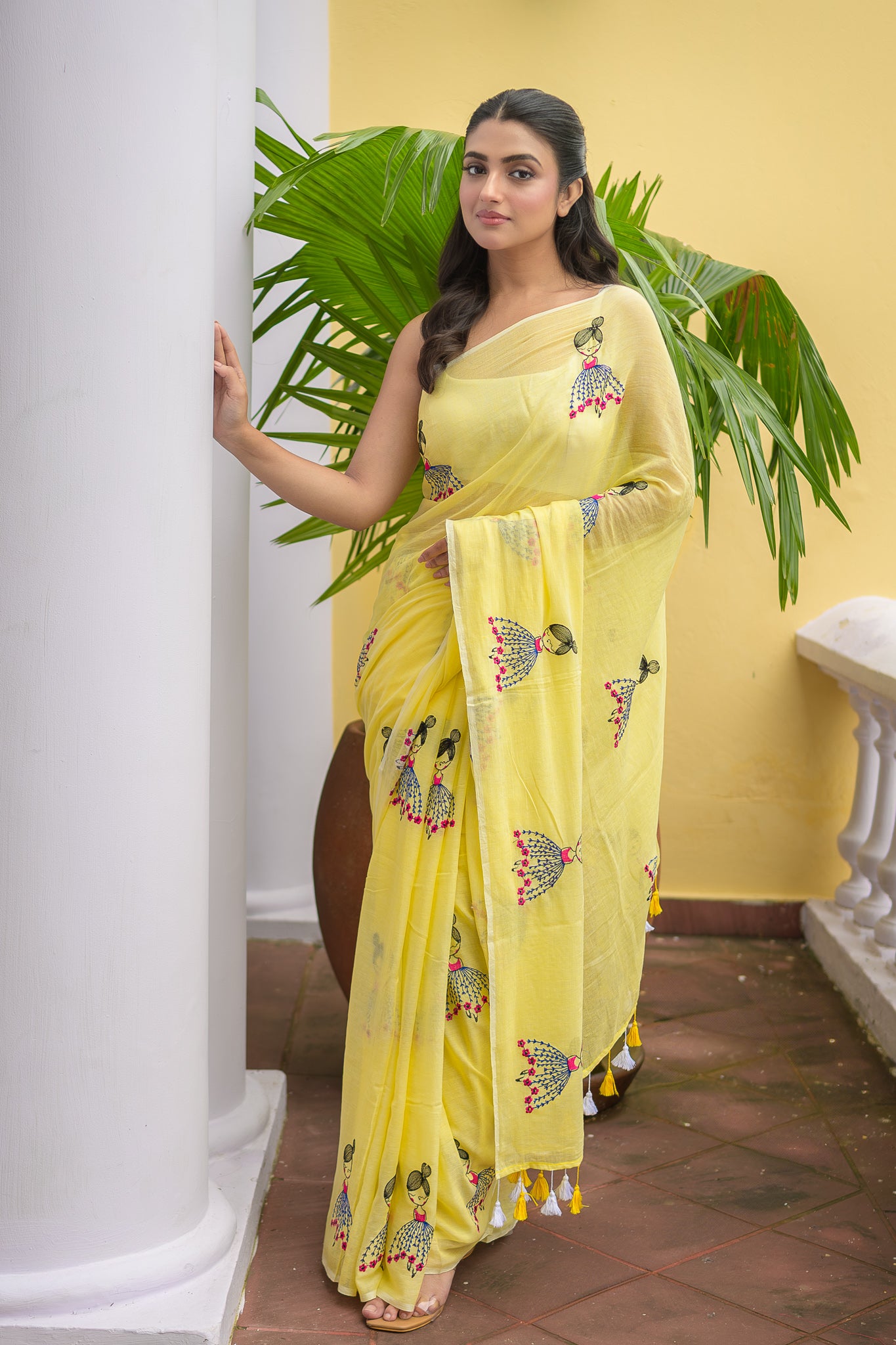 Yellow Embroidery Mulmul Cotton Saree